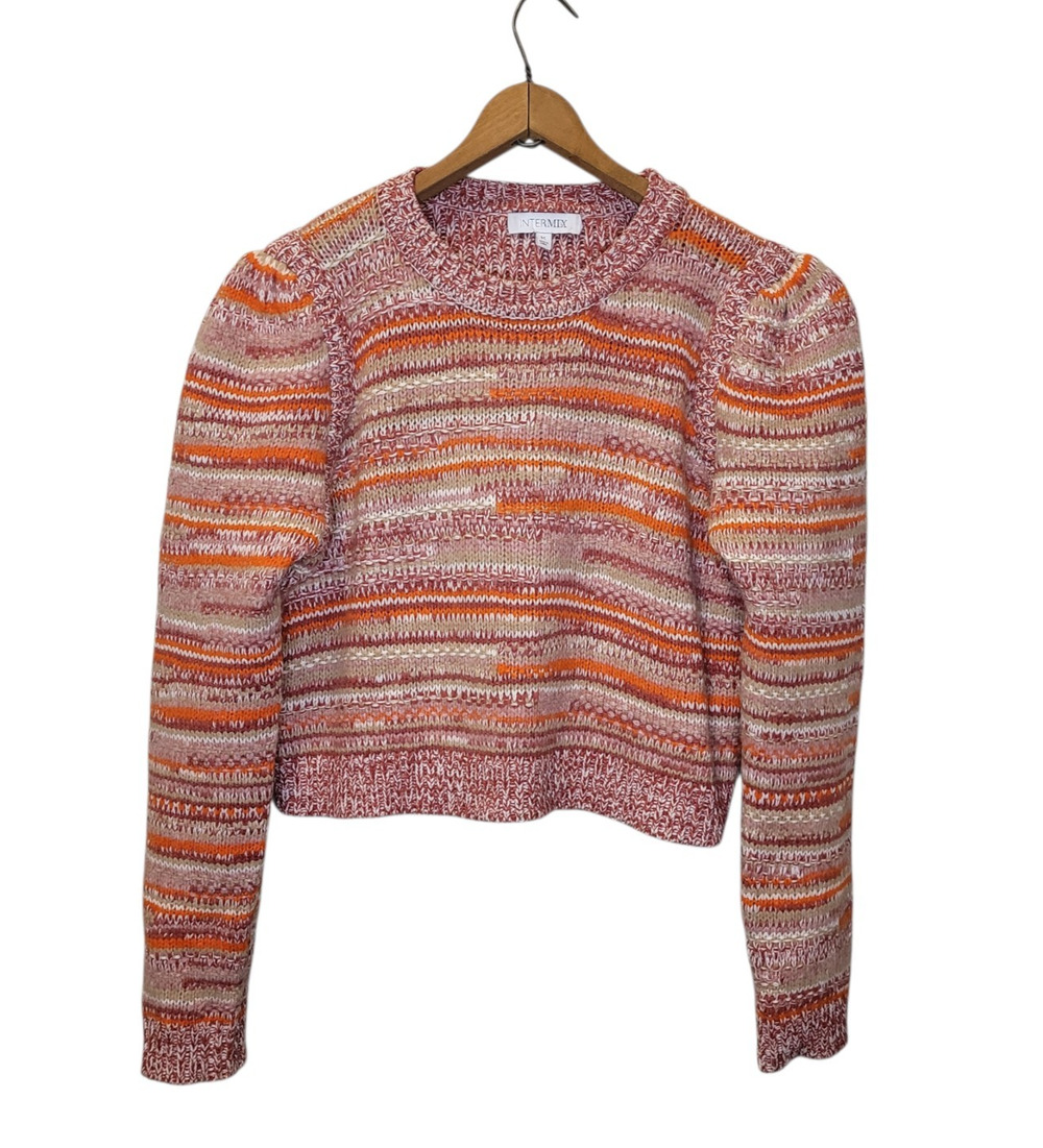 Intermix Fernie Puff Sleeve Striped Wool Alpaca Blend Cropped Sweater Medium